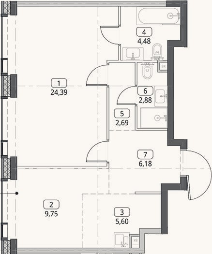 Планировка: 2-к, 56 м²