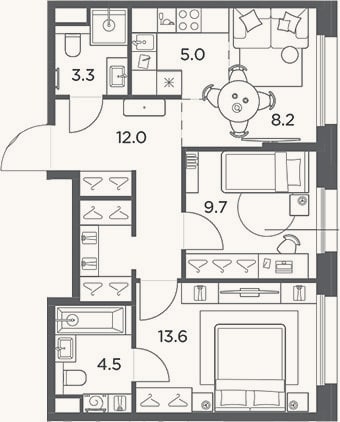Планировка: 3-к, 56,3 м²