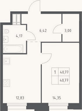 Планировка: 1-к, 40,8 м²