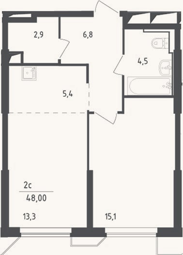 Планировка: 2-к, 48 м²