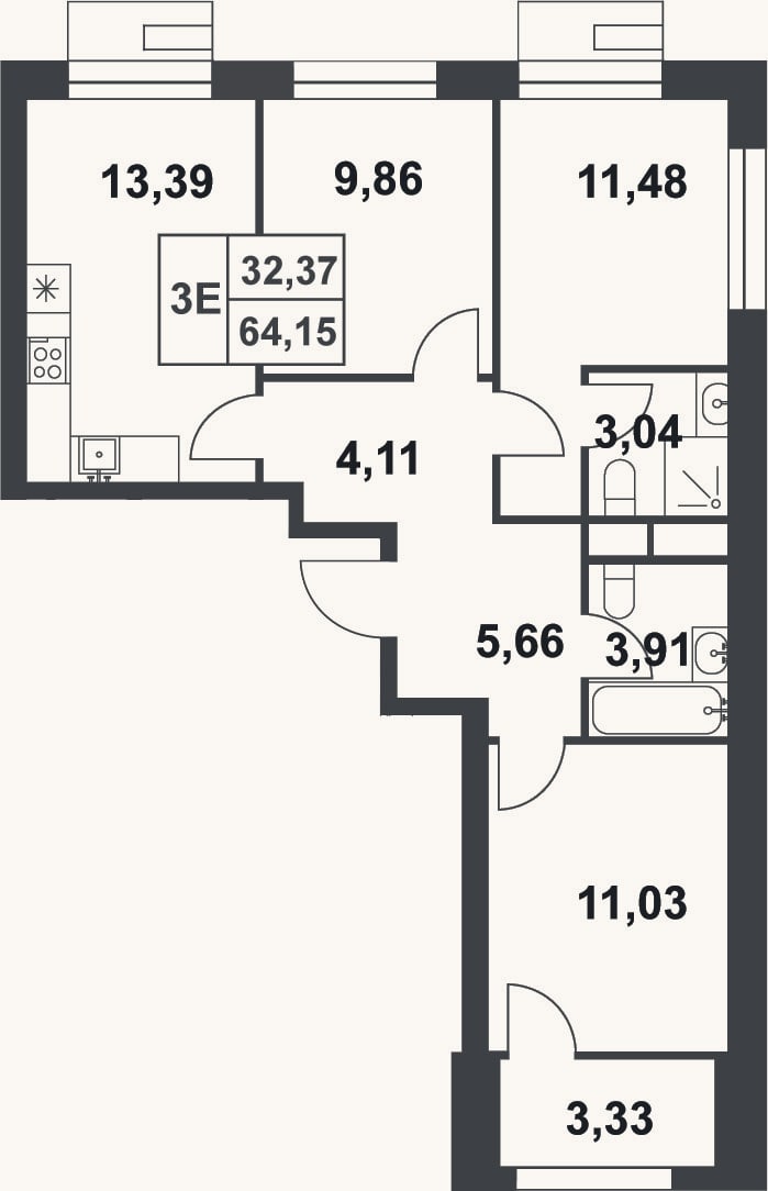 Планировка: 3-к, 62,5 м²