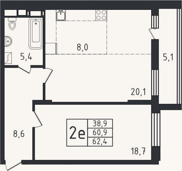 Планировка: 2-к, 60,9 м²