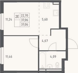 Планировка: 2-к, 37,1 м²