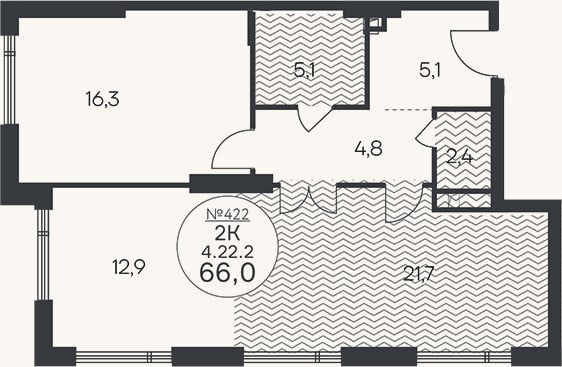 Планировка: 2-к, 68,3 м²