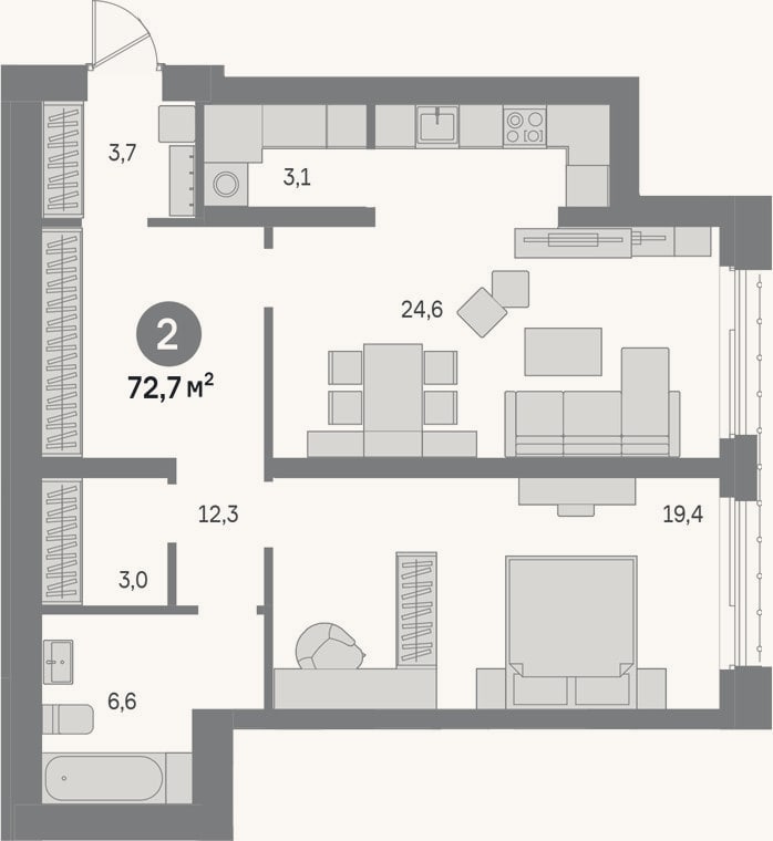 Планировка: 2-к, 72,7 м²