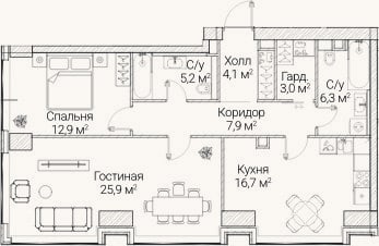 Планировка: 2-к, 82,4 м²