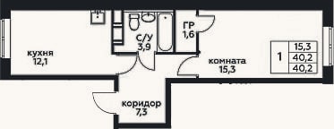 Планировка: 1-к, 40,2 м²