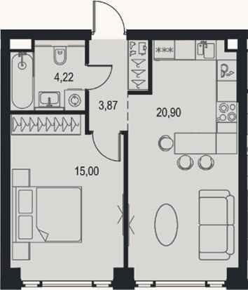 Планировка: 2-к, 44 м²