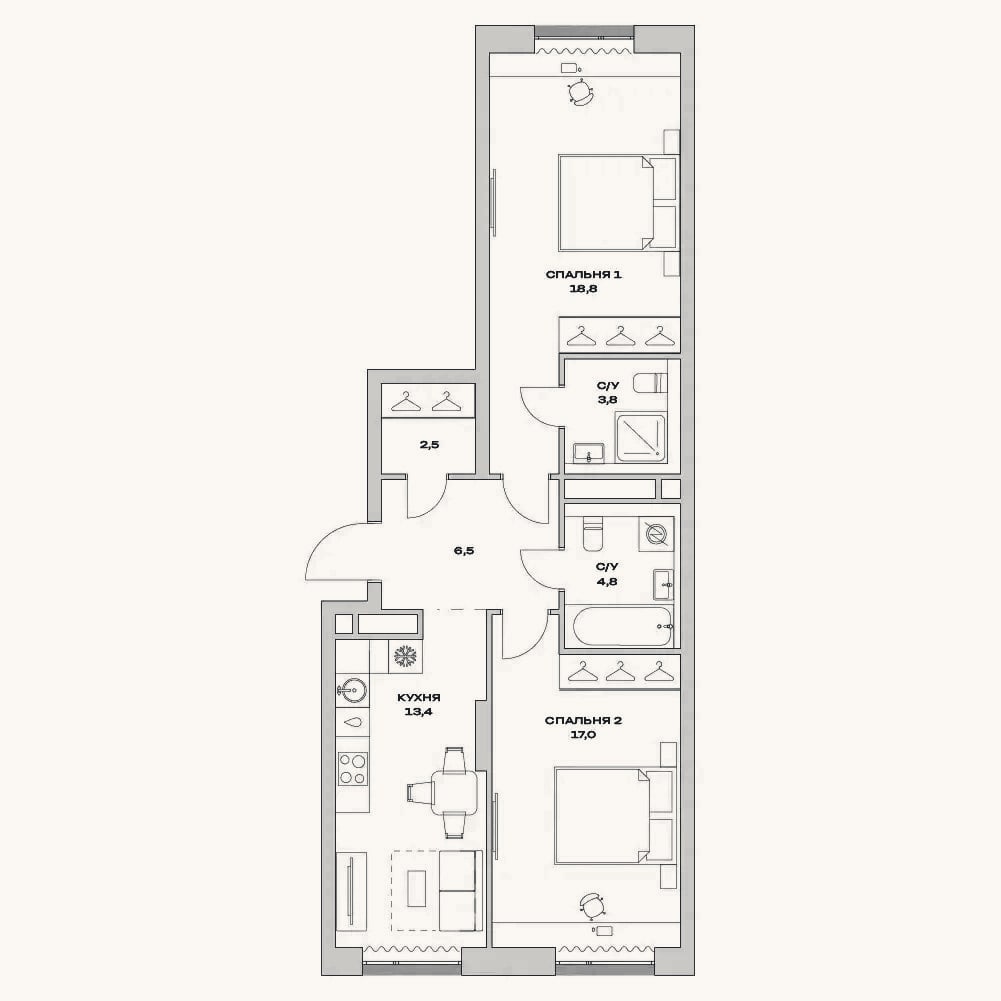 Планировка: 2-к, 66,8 м²