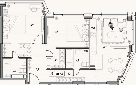 Планировка: 3-к, 79,7 м²