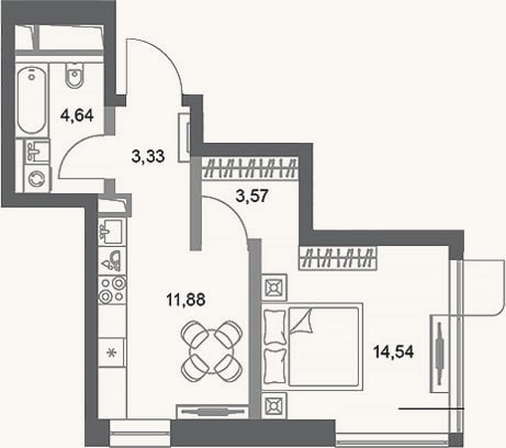 Планировка: 1-к, 38 м²
