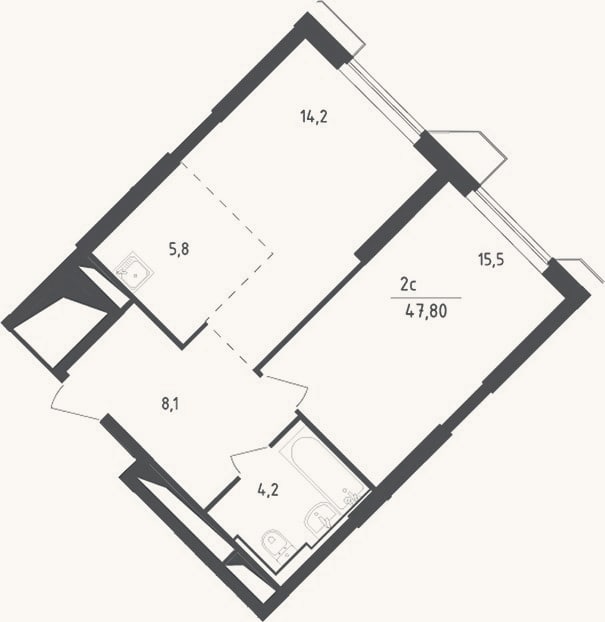Планировка: 2-к, 47,8 м²