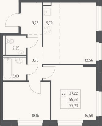 Планировка: 3-к, 55,7 м²