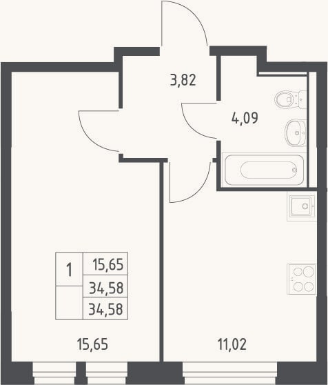 Планировка: 1-к, 34,6 м²