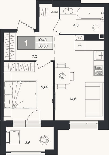 Планировка: 1-к, 36,4 м²