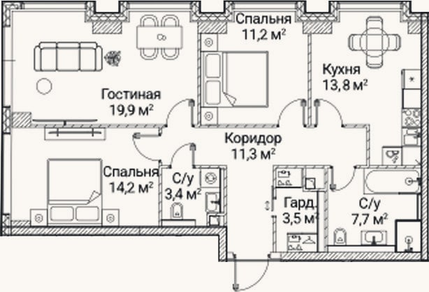Планировка: 3-к, 85 м²