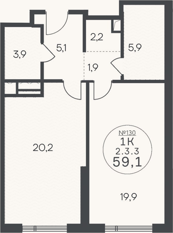 Планировка: 1-к, 59,1 м²