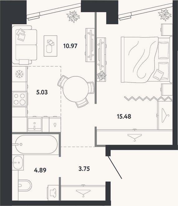 Планировка: 1-к, 40,1 м²