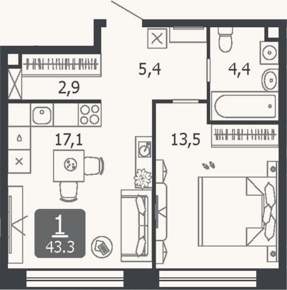 Планировка: 2-к, 43,3 м²