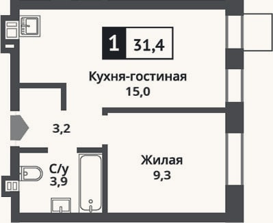 Планировка: 2-к, 31,4 м²