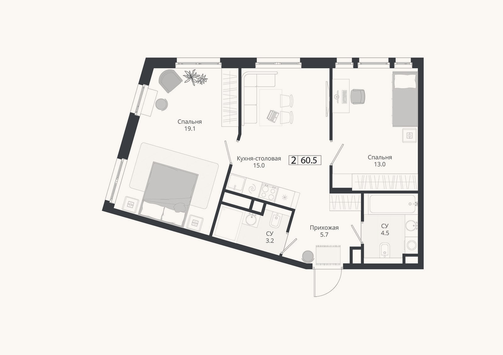 Планировка: 3-к, 60,5 м²