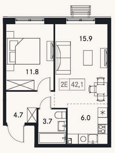 Планировка: 2-к, 42,1 м²