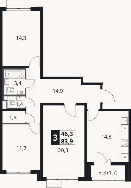 Планировка: 3-к, 82,2 м²