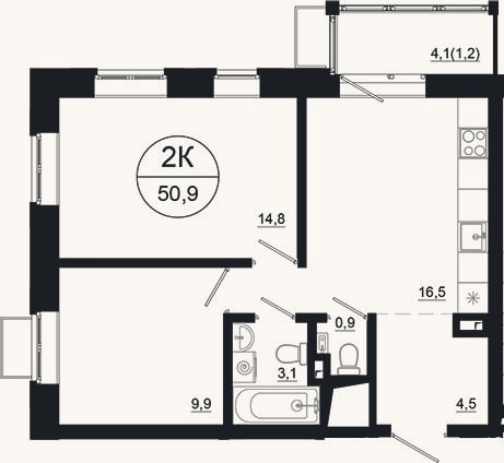 Планировка: 2-к, 49,7 м²