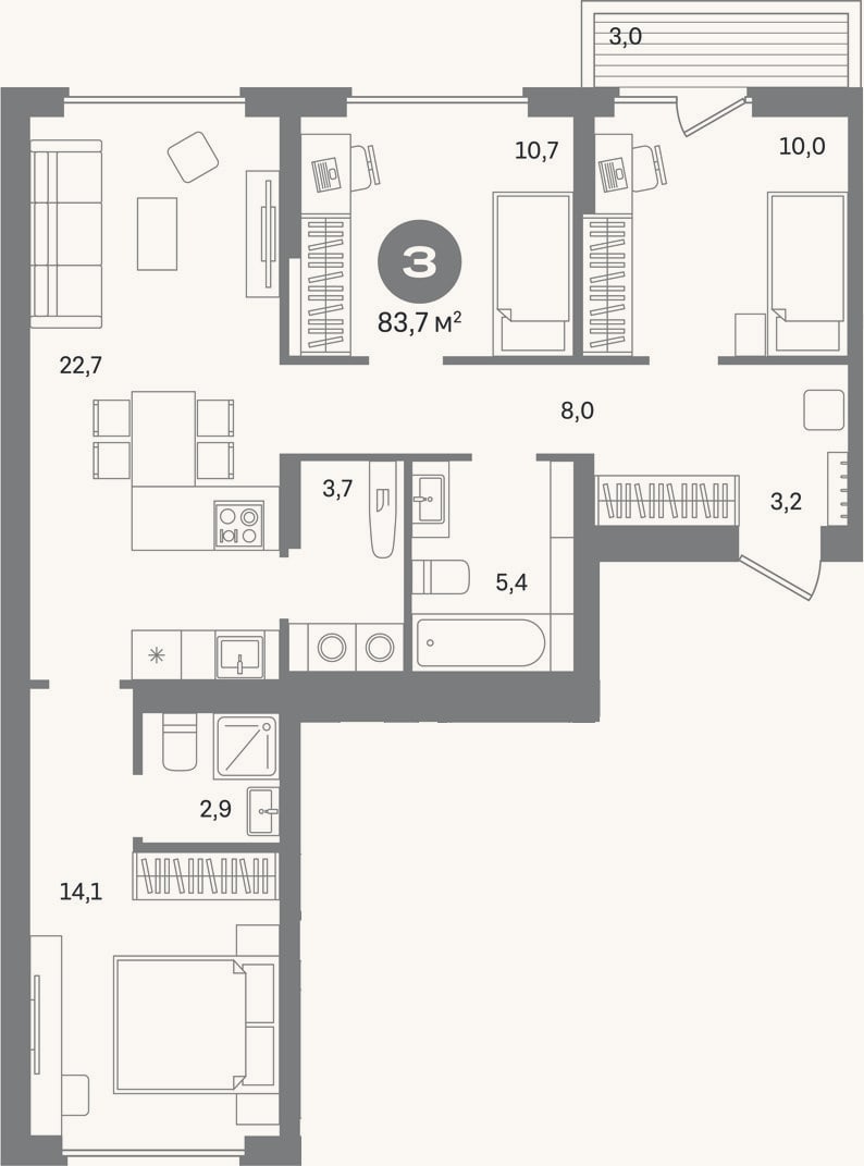 Планировка: 3-к, 80,7 м²
