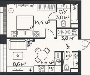 Планировка: 2-к, 39,5 м²