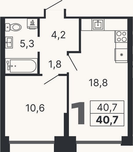 Планировка: 1-к, 40,7 м²