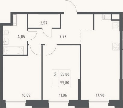 Планировка: 2-к, 55,8 м²