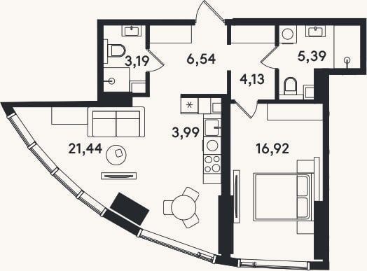 Планировка: 2-к, 61,6 м²