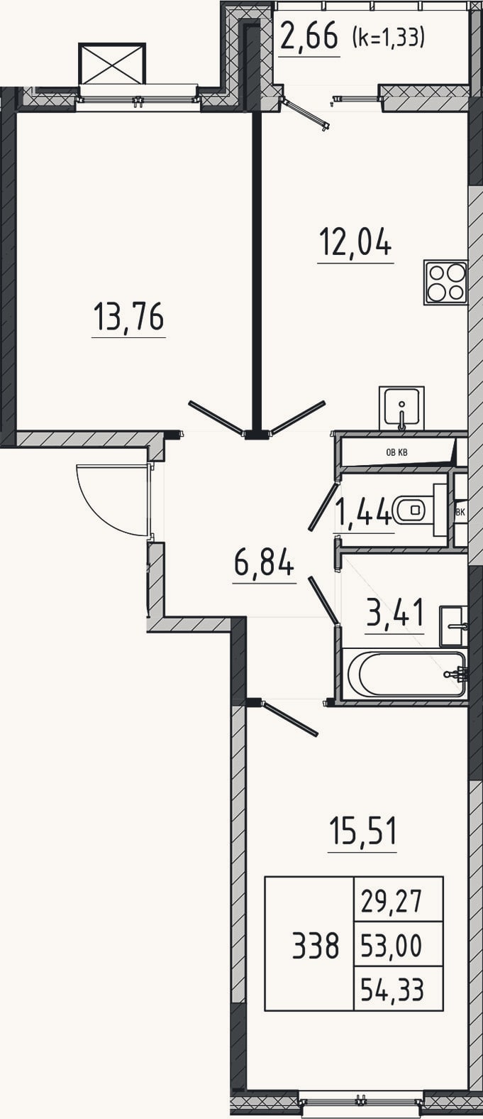 Планировка: 2-к, 53 м²