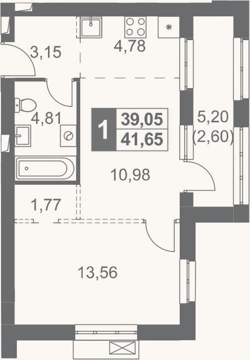 Планировка: 1-к, 39,1 м²