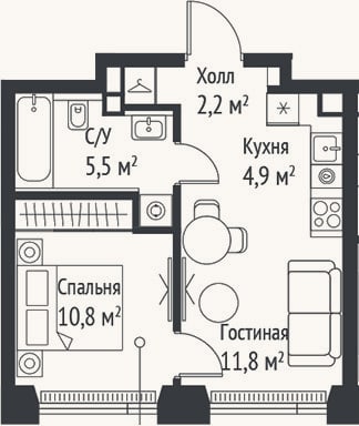Планировка: 2-к, 35,2 м²