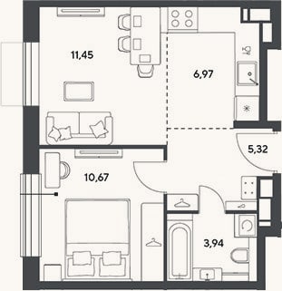 Планировка: 2-к, 38,4 м²
