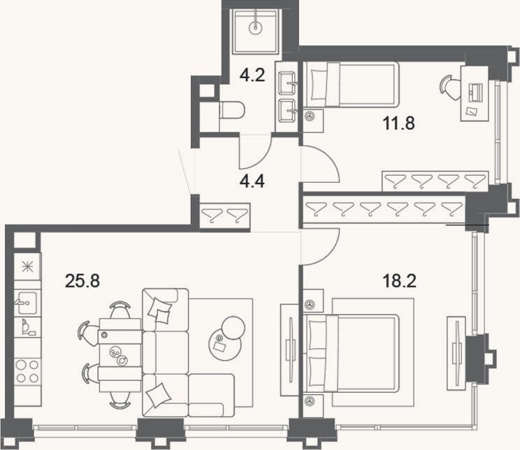 Планировка: 3-к, 64,4 м²