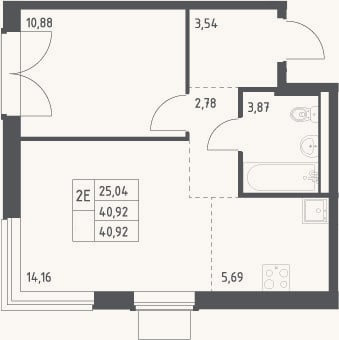 Планировка: 2-к, 40,9 м²