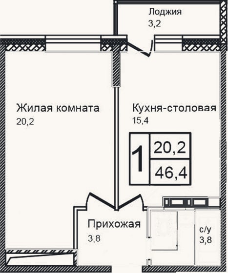 Планировка: 2-к, 43,2 м²