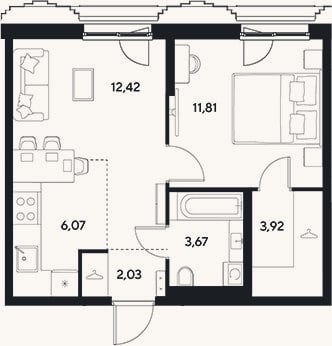 Планировка: 2-к, 39,9 м²