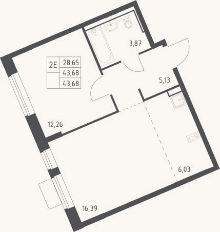 Планировка: 2-к, 43,7 м²