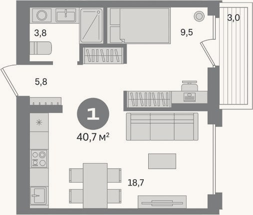Планировка: 1-к, 37,7 м²