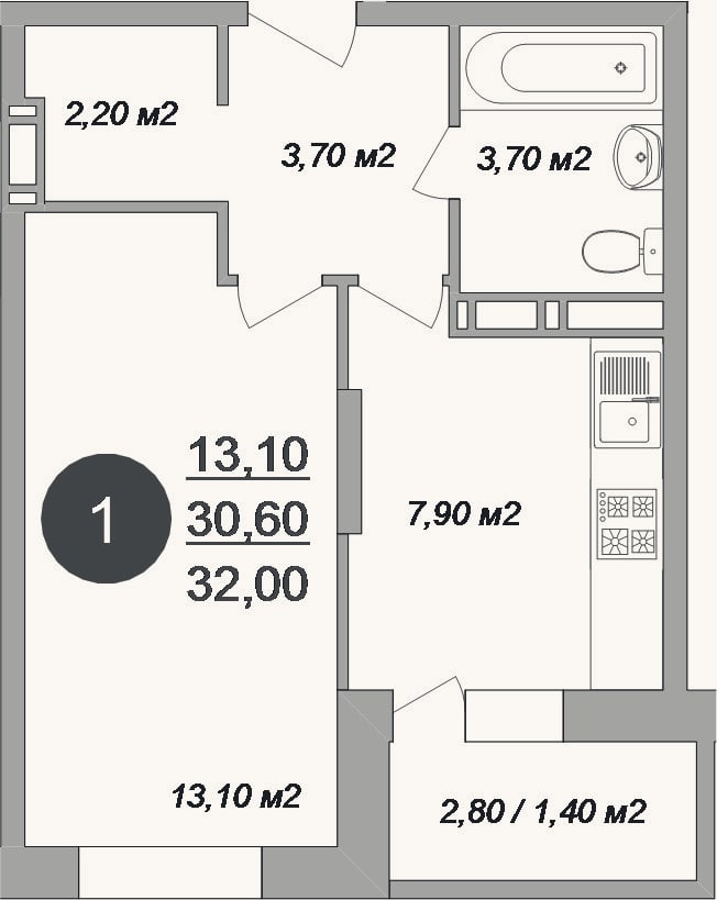 Планировка: 1-к, 30,6 м²