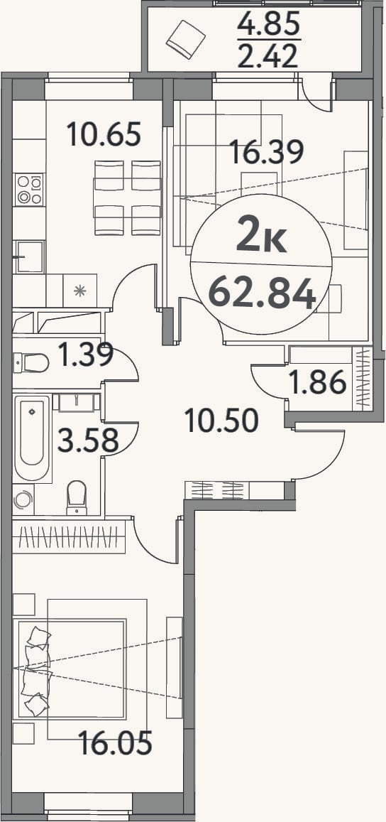 Планировка: 2-к, 60,4 м²