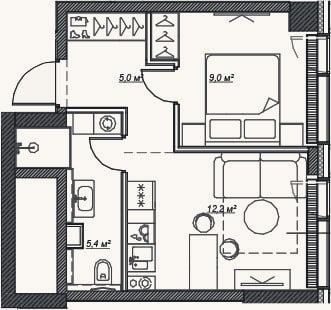 Планировка: 2-к, 31,7 м²