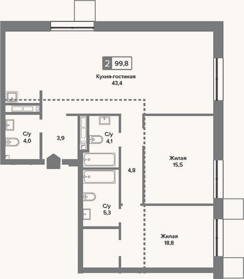 Планировка: 3-к, 99,8 м²