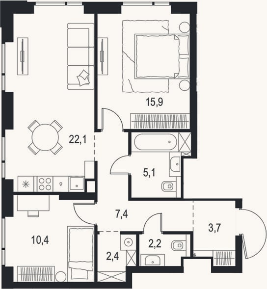 Планировка: 3-к, 69,2 м²
