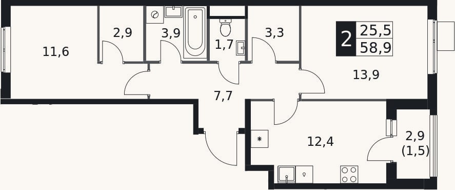 Планировка: 2-к, 57,4 м²