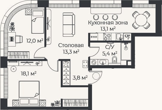 Планировка: 3-к, 65,7 м²
